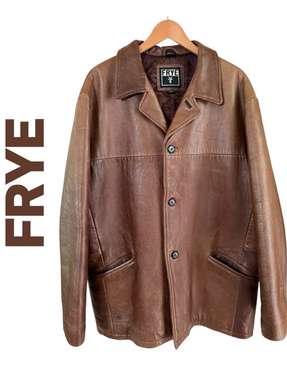 FRYE Y2K Brown Leather Car/Chore Coat Jacket Men's Large Quilted Lined. GUC